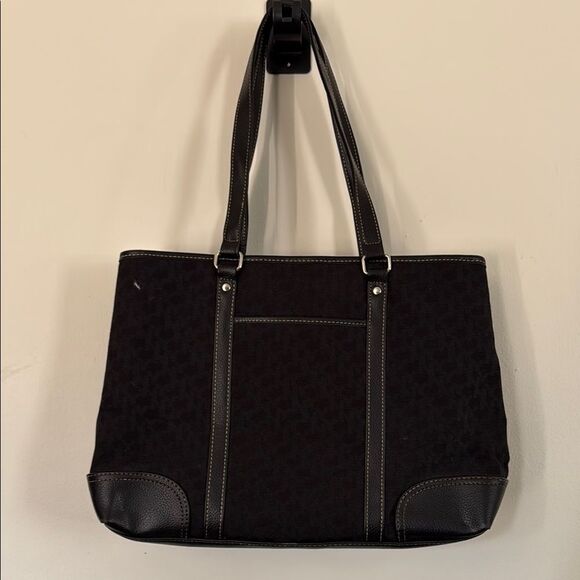 NY & Co Black‎ Monogram Tote Bag Leather Trim Contrast Stitch Shoulder Purse - Picture 2 of 12